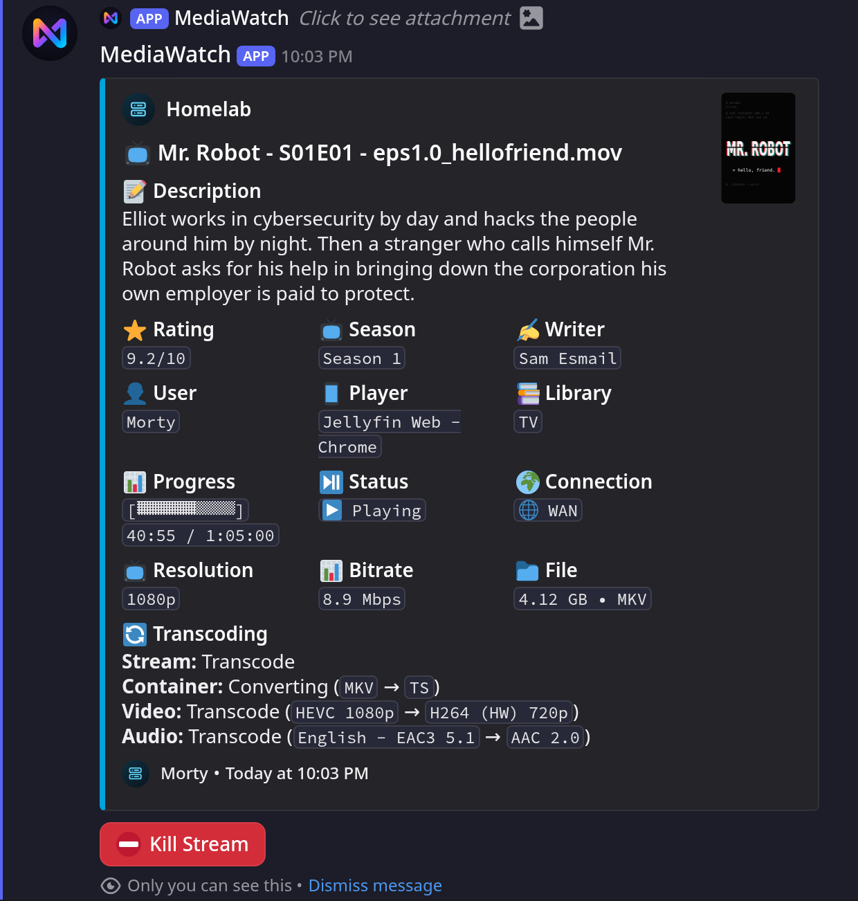 Stream details for a transcoding Jellyfin episode with only the Kill Stream button