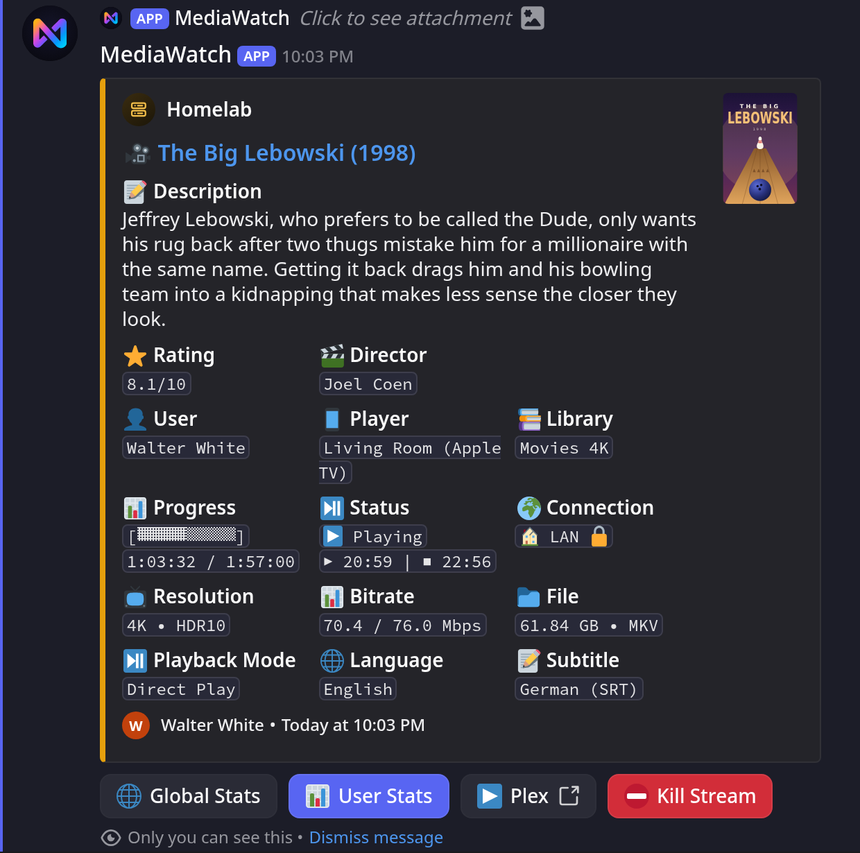 Stream details for a Plex movie with Global Stats, User Stats, Plex and Kill Stream buttons