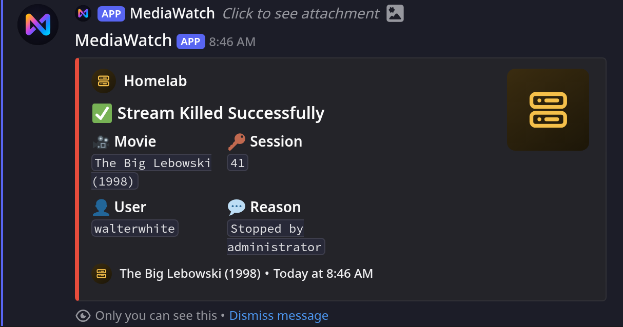 The Stream Killed Successfully confirmation